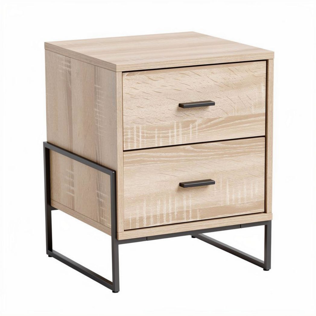 Table de chevet en bois clair avec deux tiroirs et base en métal 45 x 40 x 50cm