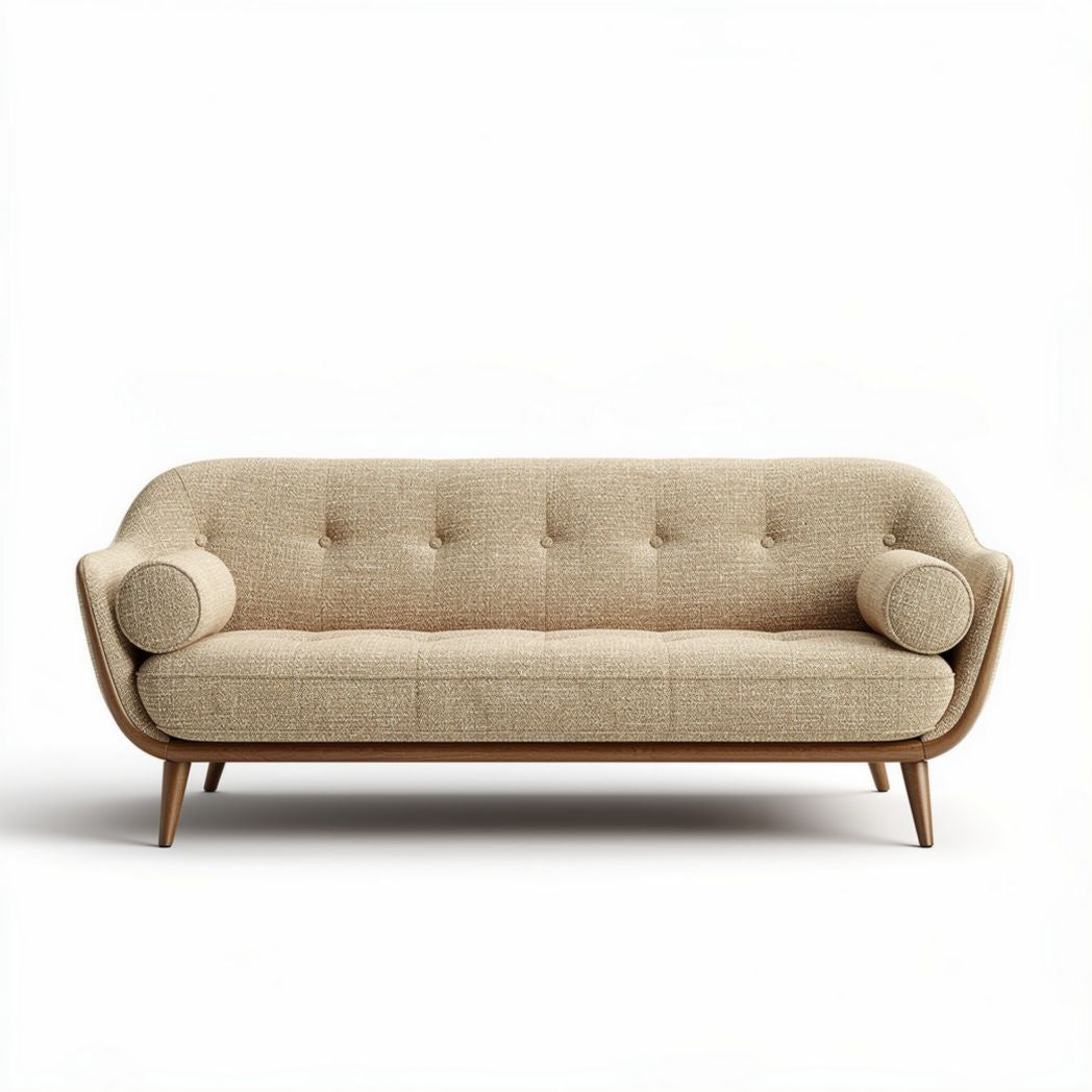 Canape rembourré en tissu beige avec accoudoirs en bois 180 x 80 x 75cm