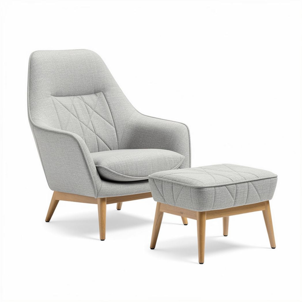 Fauteuil en tissu gris avec repose-pieds en bois de hêtre 80 x 75 x 90cm