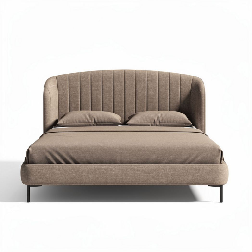 Lit en tissu beige avec tête de lit capitonnée dimensions 200 x 160 x 100cm
