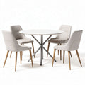 Table ronde en marbre blanche avec chaises en tissu gris, dimensions 70 x 70 x 75cm