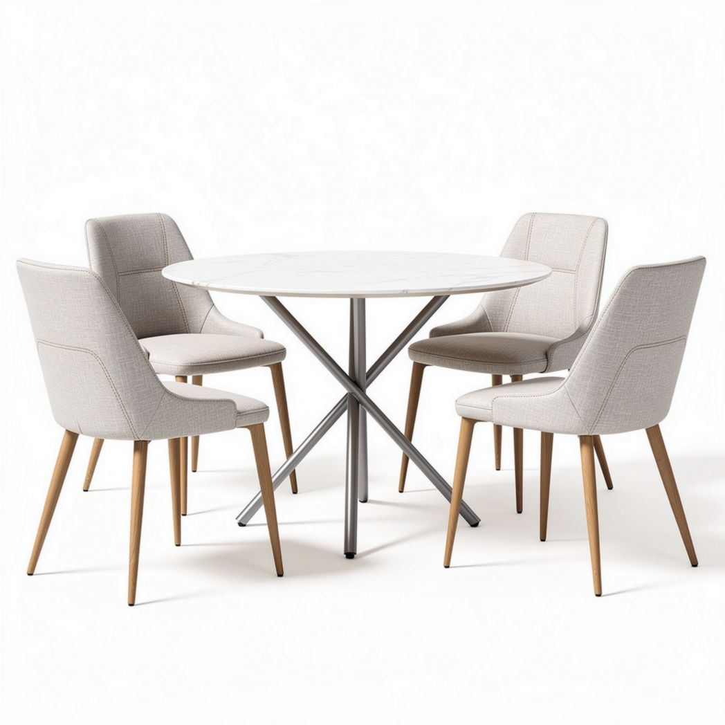 Table ronde en marbre blanche avec chaises en tissu gris, dimensions 70 x 70 x 75cm