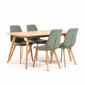 Table à manger en bois avec chaises vertes rembourrées dimensions 150 x 90 x 75cm