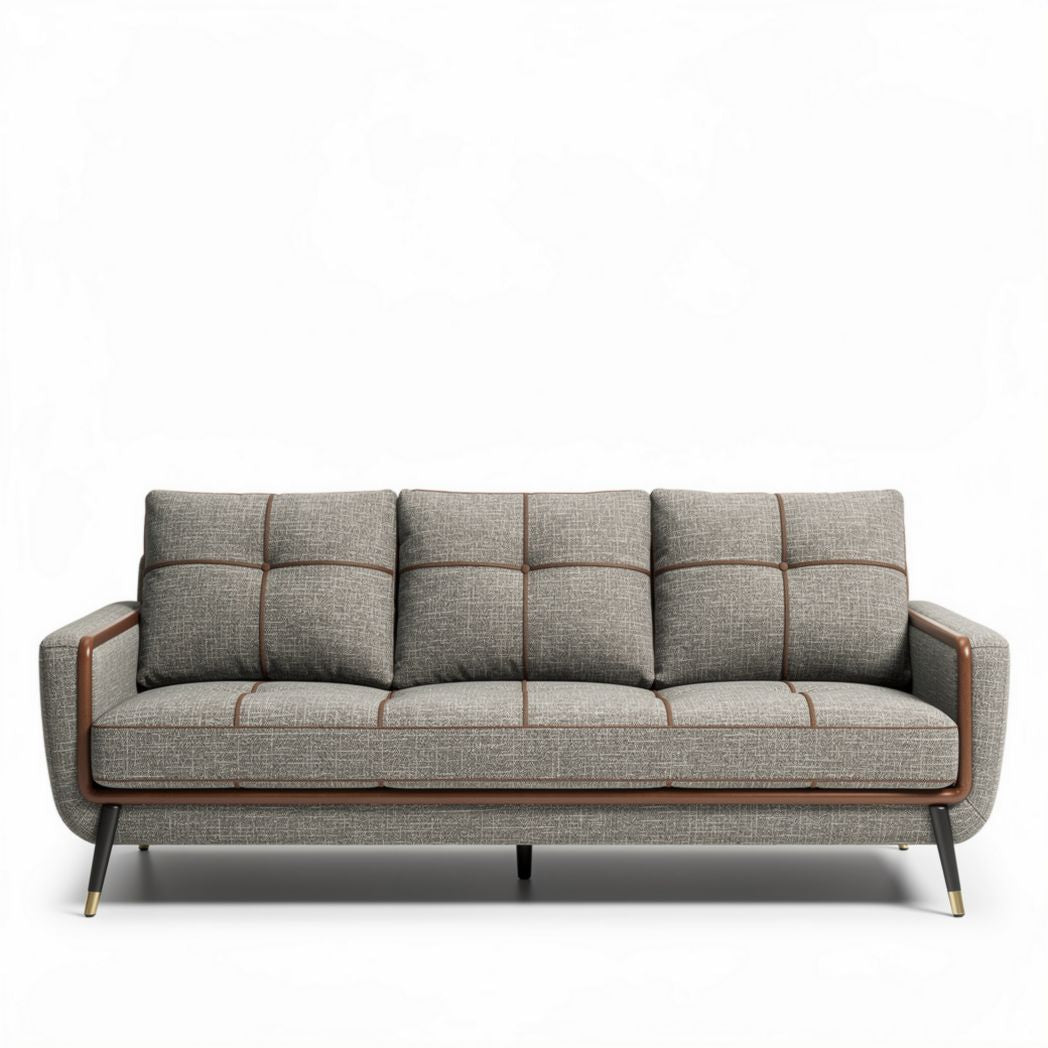 Canapé en tissu gris avec accoudoirs en bois et dimensions 200 x 90 x 85cm