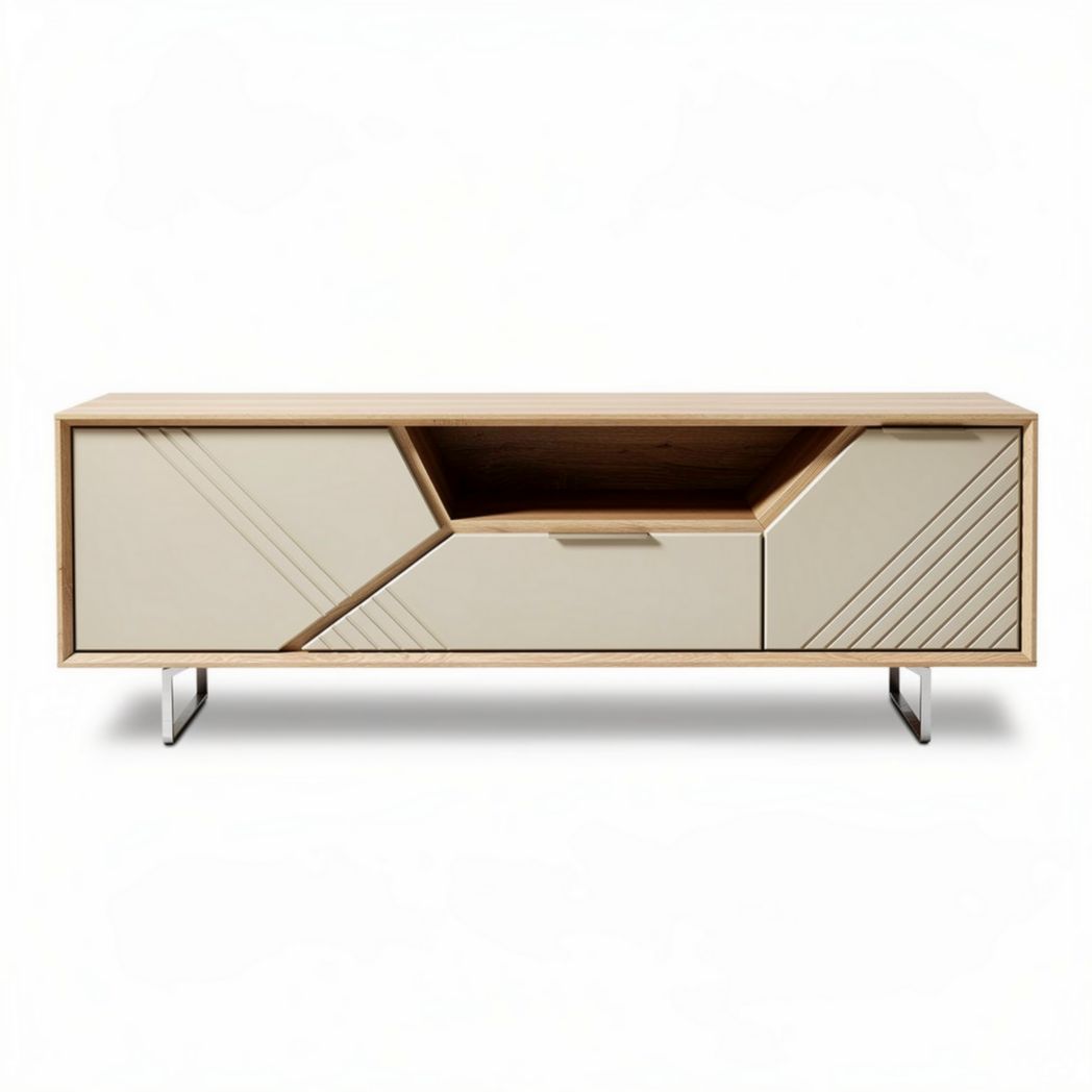 Meuble tv en bois avec tiroirs design géométrique 150 x 40 x 50cm